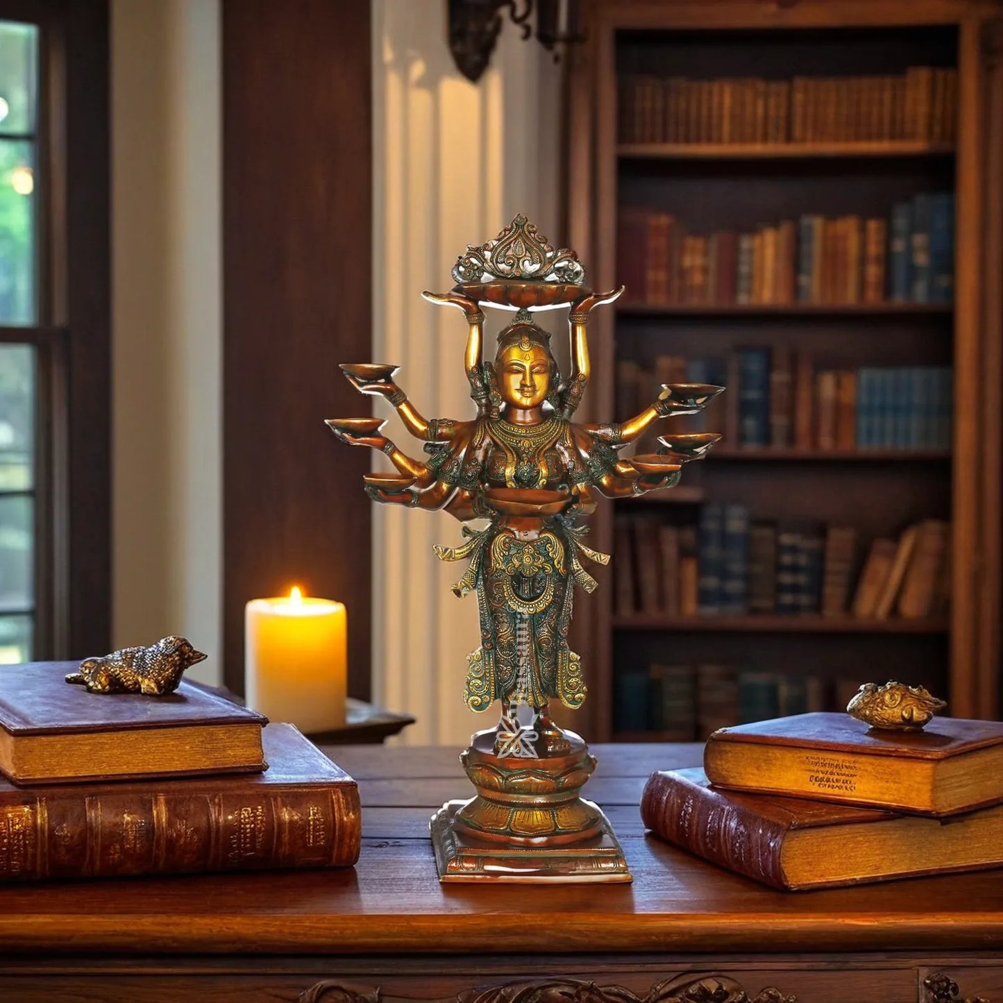 Brassaura™ Brass Standing Deep Laxmi With 8 Diya’s Statue– Height 27 Inches & Weight 15.5 Kgs | Home & Puja Décor