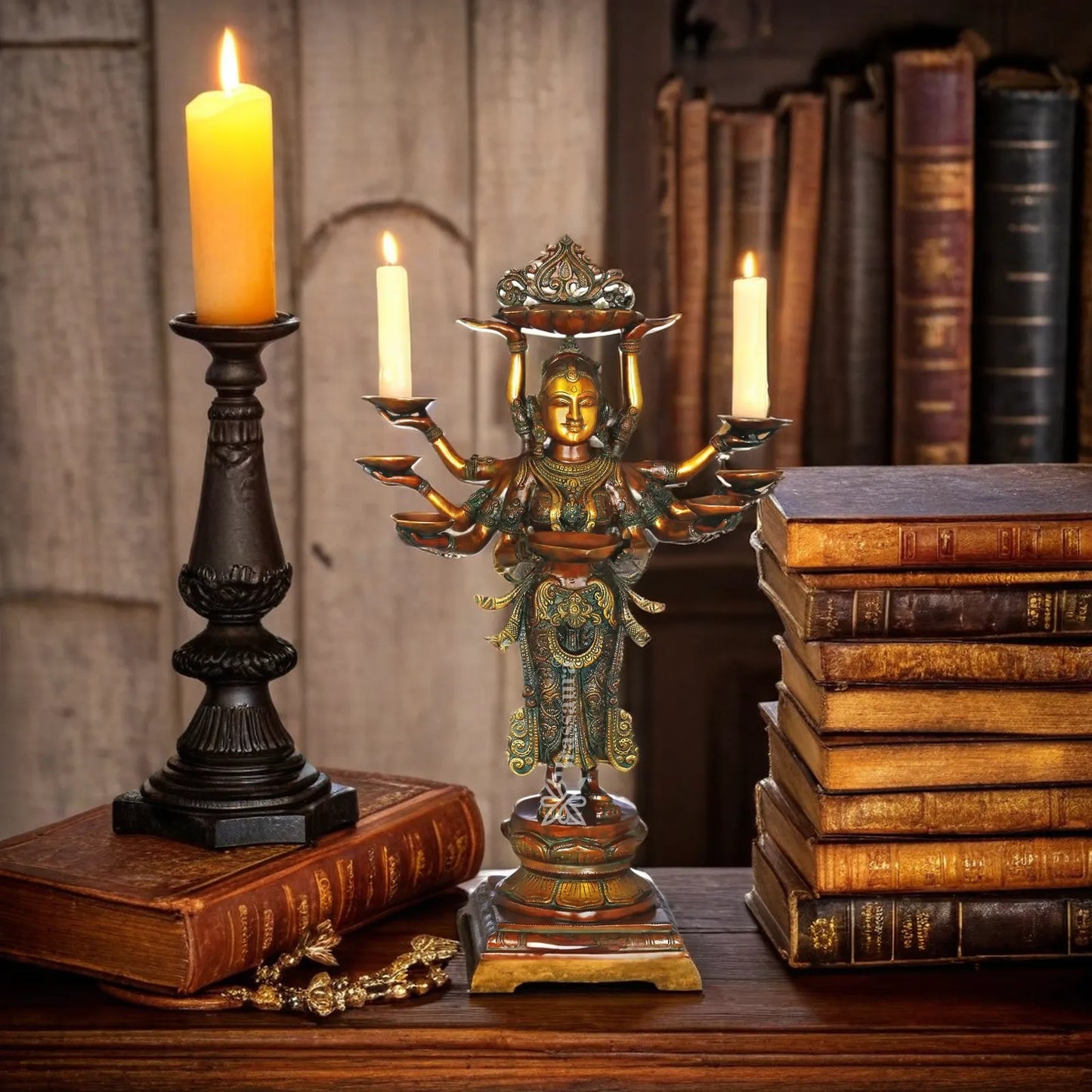 Brassaura™ Brass Standing Deep Laxmi With 8 Diya’s Statue– Height 27 Inches & Weight 15.5 Kgs | Home & Puja Décor