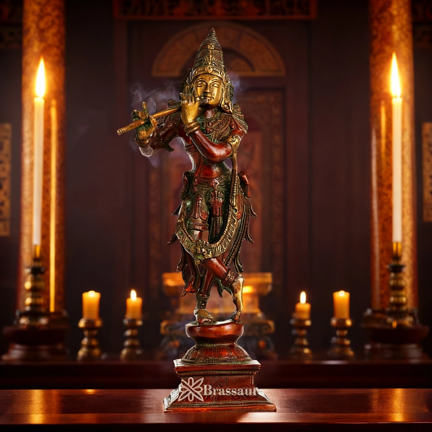 Brassaura® Chola Inspired Artistic Lord Krishna Playing Flute Brass Idol | Pure Brass Handcrafted Murti | Brown Copper Finish Krishna Statue for Home Temple, Pooja Room & Spiritual Décor | Height 12 Inches | Weight 2.3 Kg