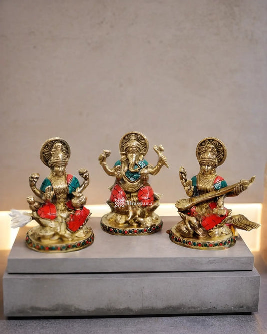Brass Gem Stone Work Laxmi Ganesha Saraswati Murti for Home and Decor Height 5 Inches & Weight 3 Kgs