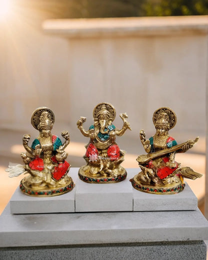 Brass Gem Stone Work Laxmi Ganesha Saraswati Murti for Home and Decor Height 5 Inches & Weight 3 Kgs