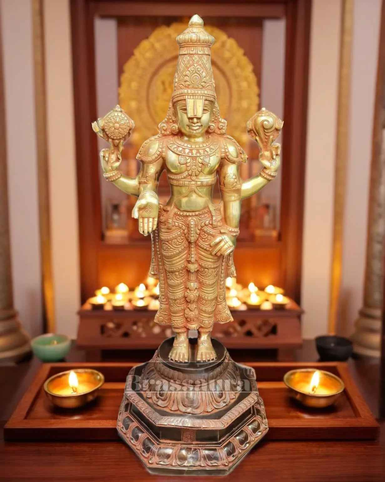 Brassaura™ Large Brass Lord Venkateshwara Statue with Golden & Red Sandstone Finish – 40 Inches, 41 Kgs