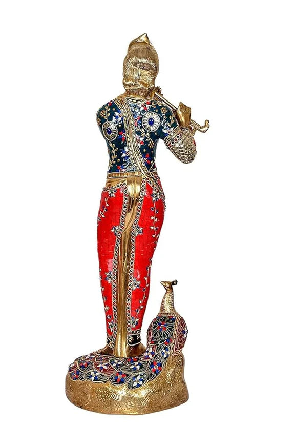 Brassaura® Brass Krishna Statue with Peacock | 29 Inch Large Lord Krishna Idol