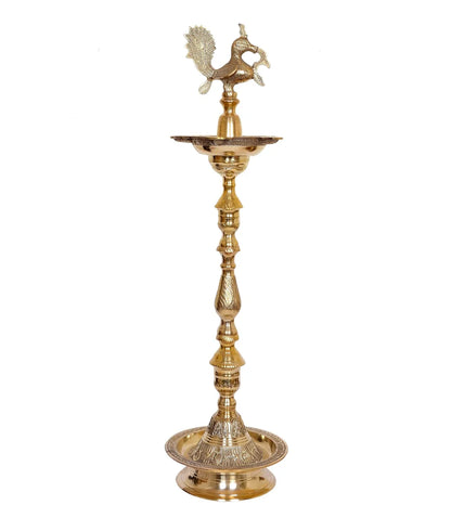 Brassaura® Brass Oil Lamp Diya Stand with Peacock Design | Traditional Brass Finish | Height 42 Inches