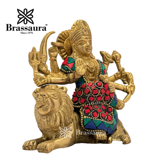 Brassaura® Brass Gem Stone Work Durga For Home And Décor Height 4.8 Inches