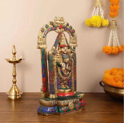 Brassaura™ Brass Handcrafted Tirupati Balaji Idol gem Stonework & Thiruvarchi Prabhavali – 20 Inches, 12 Kgs