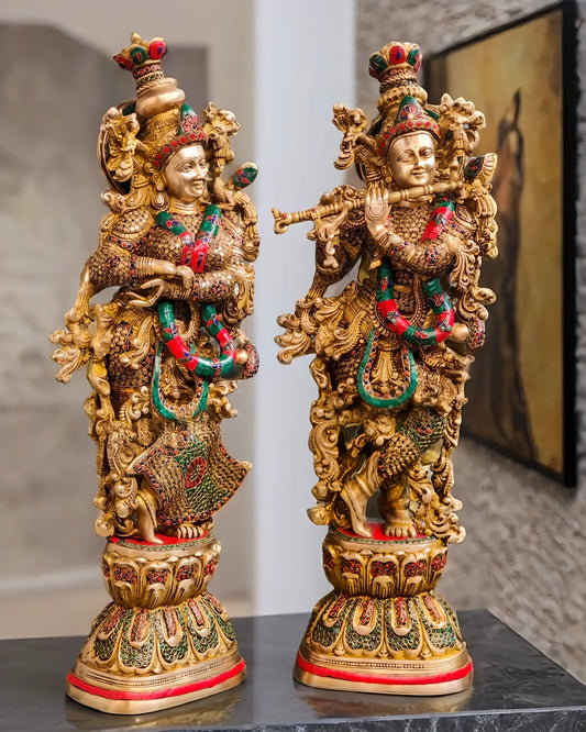 Brassaura™ Brass Gem Stone Work Radha-Krishna Statue – Height 29 Inches & Weight 34 Kgs | Spiritual Home Accent