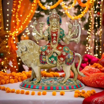 Brass Gem Stone Work Durga For Home And Décor Height 11.6 Inches & Weight 3.95 Kgs