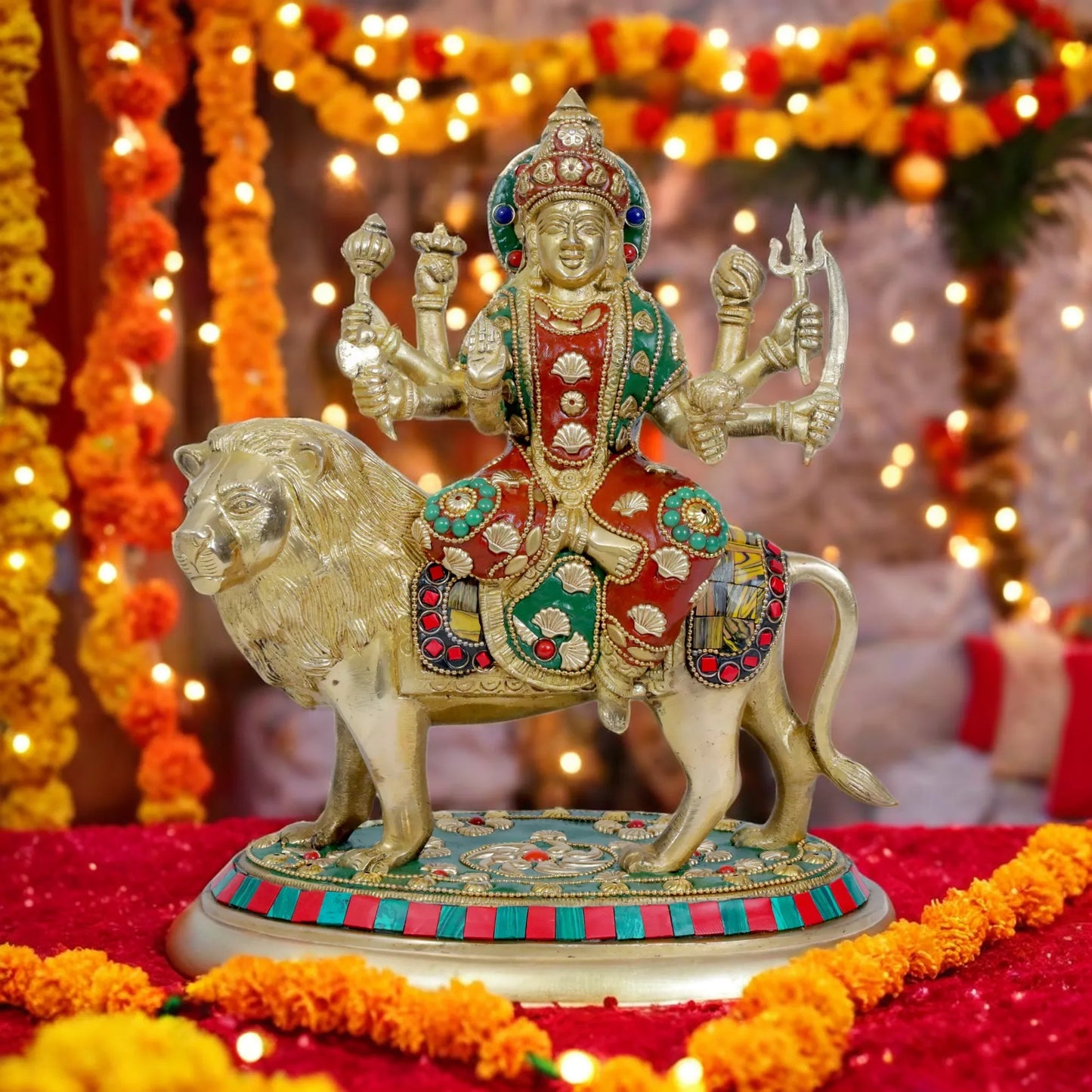 Brass Gem Stone Work Durga For Home And Décor Height 11.6 Inches & Weight 3.95 Kgs