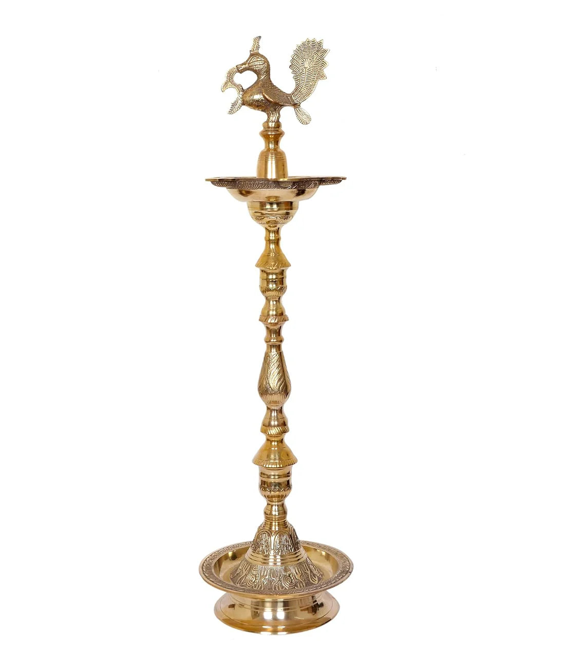 Brassaura® Brass Oil Lamp Diya Stand with Peacock Design | Traditional Brass Finish | Height 42 Inches