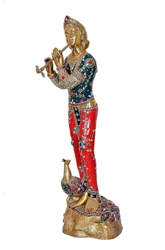 Brassaura® Brass Krishna Statue with Peacock | 29 Inch Large Lord Krishna Idol