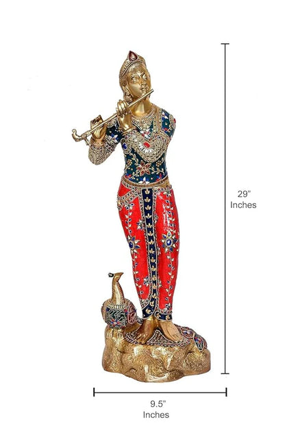 Brassaura® Brass Krishna Statue with Peacock | 29 Inch Large Lord Krishna Idol