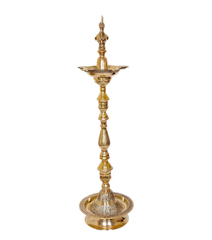 Brassaura® Brass Oil Lamp Diya Stand with Peacock Design | Traditional Brass Finish | Height 42 Inches