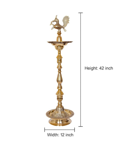 Brassaura® Brass Oil Lamp Diya Stand with Peacock Design | Traditional Brass Finish | Height 42 Inches