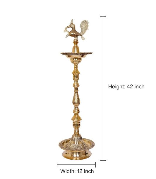 Brassaura® Brass Oil Lamp Diya Stand with Peacock Design | Traditional Brass Finish | Height 42 Inches