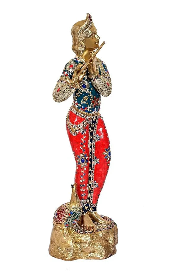 Brassaura® Brass Krishna Statue with Peacock | 29 Inch Large Lord Krishna Idol