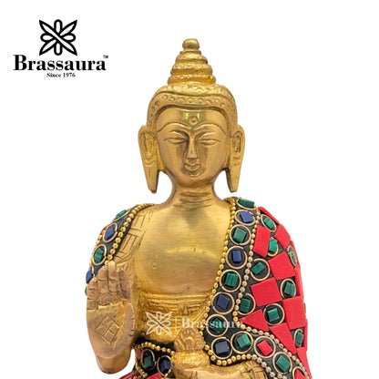 Brass Gem Stone Work Meditative Buddha Idol for Home and Decor Weight 1.1 Kg Height 18 cm