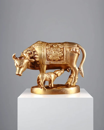 Brassaura™ Handcrafted Brass Kamdhenu Cow with Calf Idol | 3.8 Inches Height | 915g Weight | Symbol of Abundance & Prosperity