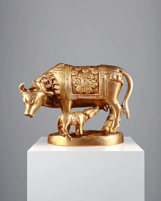 Brassaura™ Handcrafted Brass Kamdhenu Cow with Calf Idol | 3.8 Inches Height | 915g Weight | Symbol of Abundance & Prosperity