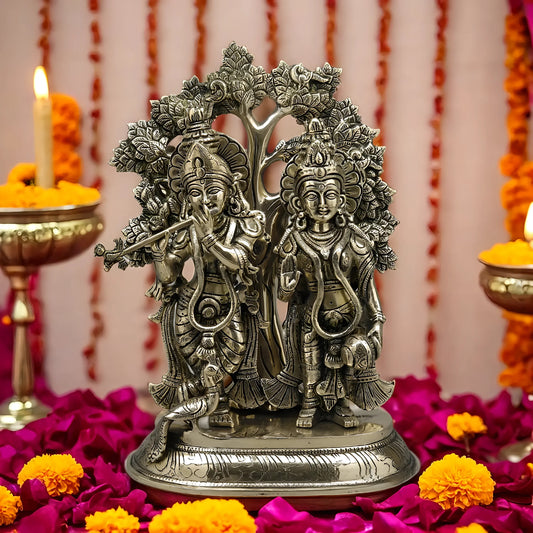 Brassaura™ Pure Brass Radha Krishna Under Tree Idol – 13.5 Inch Height, 7.860 Kg Weight – Golden Finish Statue