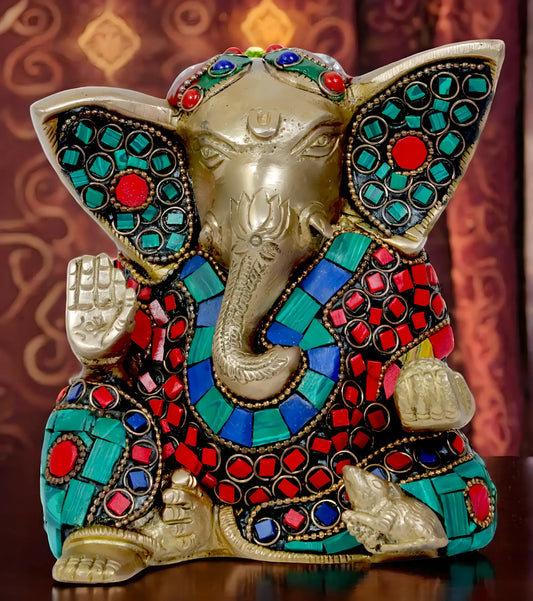 Brassaura™ Brass Gem Stone Work Ganesha Murti – Height 6.30 inches & Weight 1.32 kgs | Traditional Ganpati Murti for Home & Pooja Room