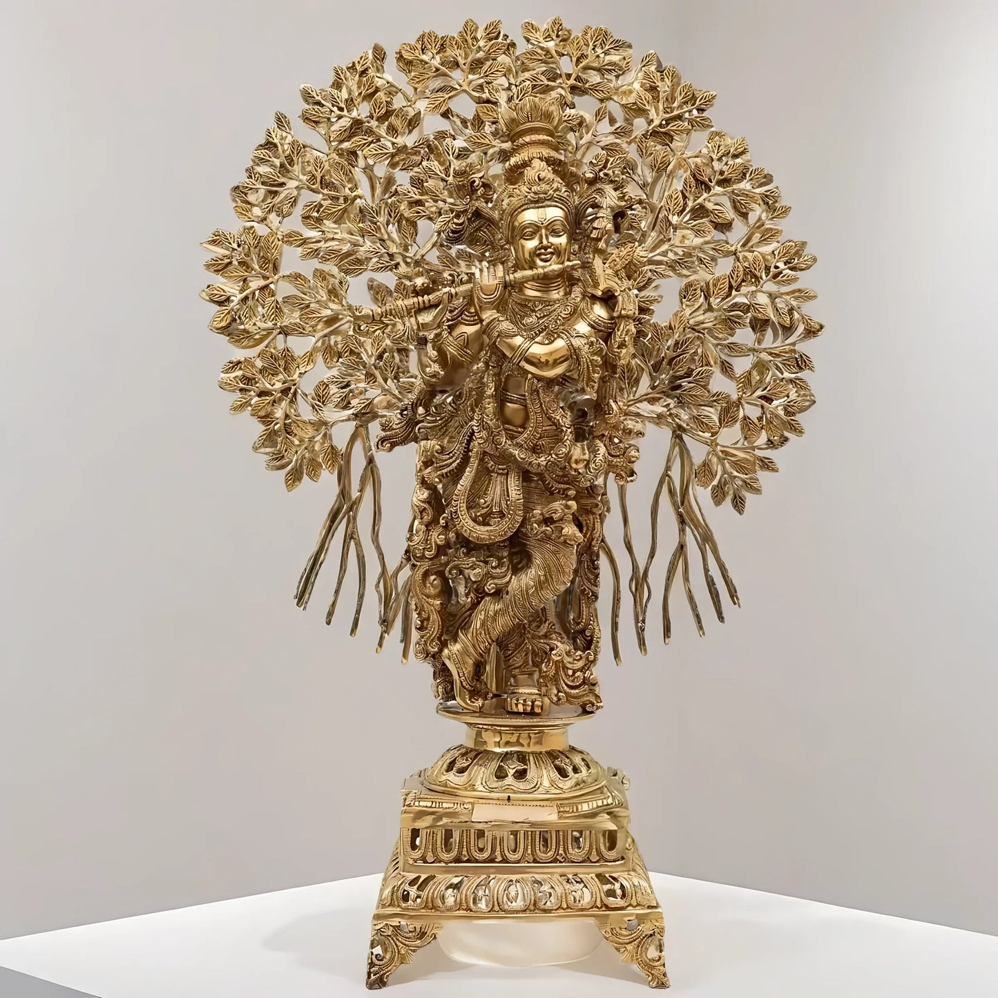 Brassaura™ Brass Krishna With Tree – Height 35 Inches & Weight 30 Kgs | Majestic Handcrafted Sculpture for Temple & Home Décor