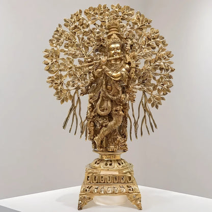 Brassaura™ Brass Krishna With Tree – Height 35 Inches & Weight 30 Kgs | Majestic Handcrafted Sculpture for Temple & Home Décor