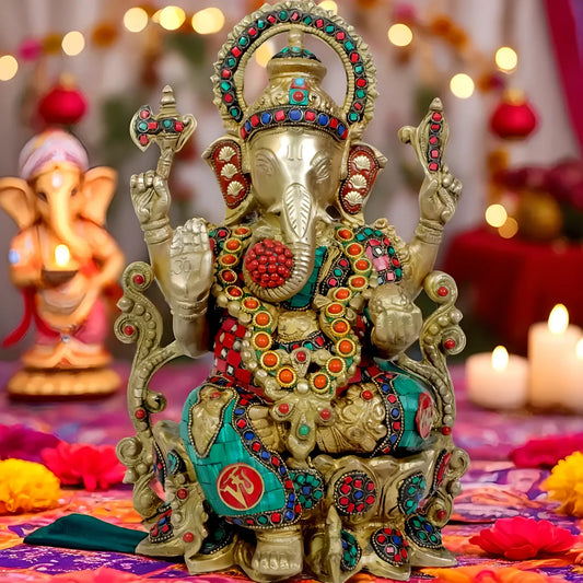 Brassaura™ Brass Gem Stone Work Ganesha Statue – Height 12.40 inches & Weight 7.7 kgs | Traditional Ganpati Murti for Home & Pooja Room