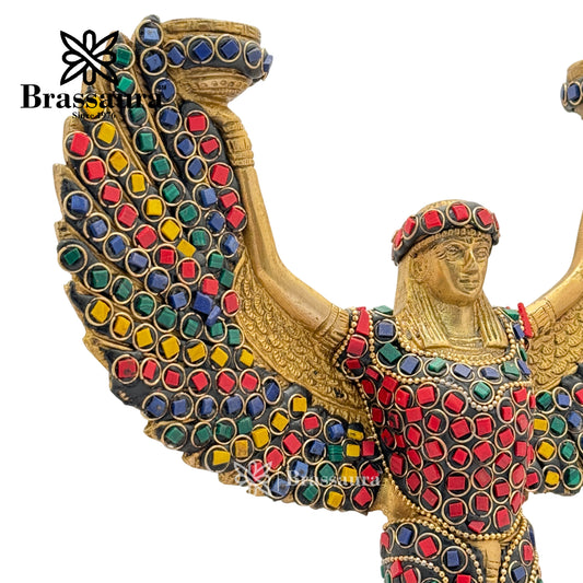 Brassaura® Brass Gemstone Work Lady Idol with Gemstone Inlay Finish | Pure Superfine Brass Handcrafted Murti | Brass Statue for Home Temple, Pooja Room | Height 11.42 Inches | Weight 2.2 Kgs