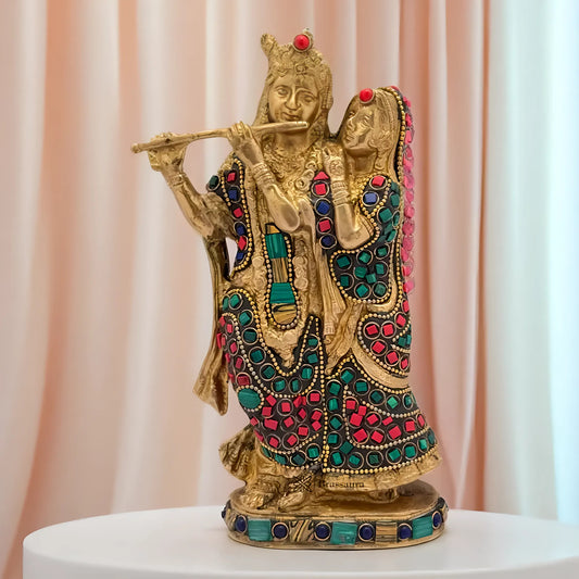 Brassaura™ Radha Krishna Murti with Gemstone Work | Pure Brass | Height 23 cm (9 Inches) & Weight 1.5 Kgs