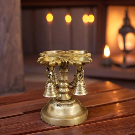 Brass Diya With Hanging Bell Weight 1.06 Kg And Height 5 Inch