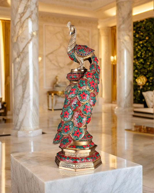 Brassaura™ Brass Large Peacock Showpiece with Meenakari Work – Height 20 Inches & Weight 8.5 Kgs