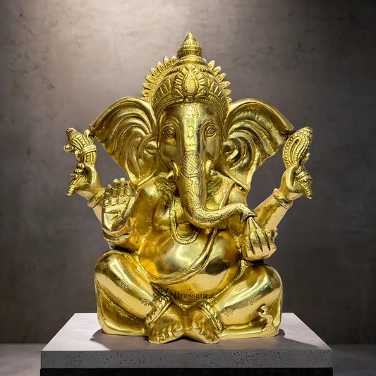 Brassaura™ Brass Gold Color Ganesha Statue – Height 9.84 inches & Weight 5.24 kgs | Traditional Ganpati Murti for Home & Pooja Room