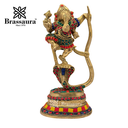 Brass Gem Stone Work Dancing Ganesha Idol for Home and Decor Weight 2 Kg Height 24 cm