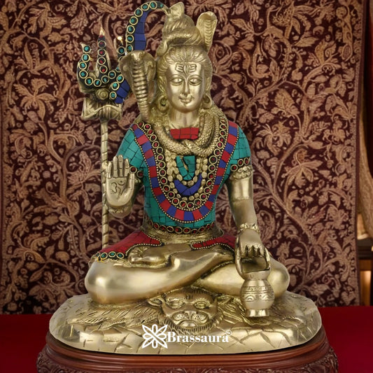 Brassaura™ Exquisite Brass Gemstone Work Shiva Murti – Height 10 Inches & Weight 4.3 Kgs | Hindu Temple Idol