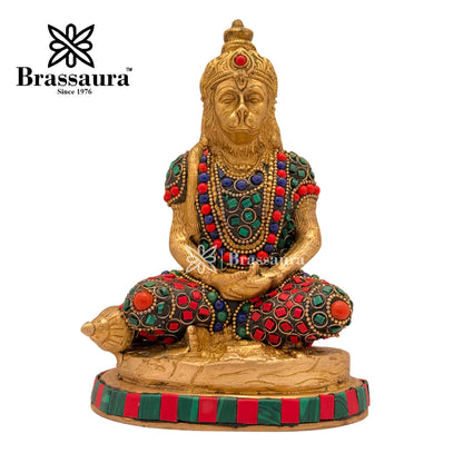 Brass Gem Stone Work Meditation Hanuman Idol for Home and Decor Weight 1.8 Kg Height 18 cm