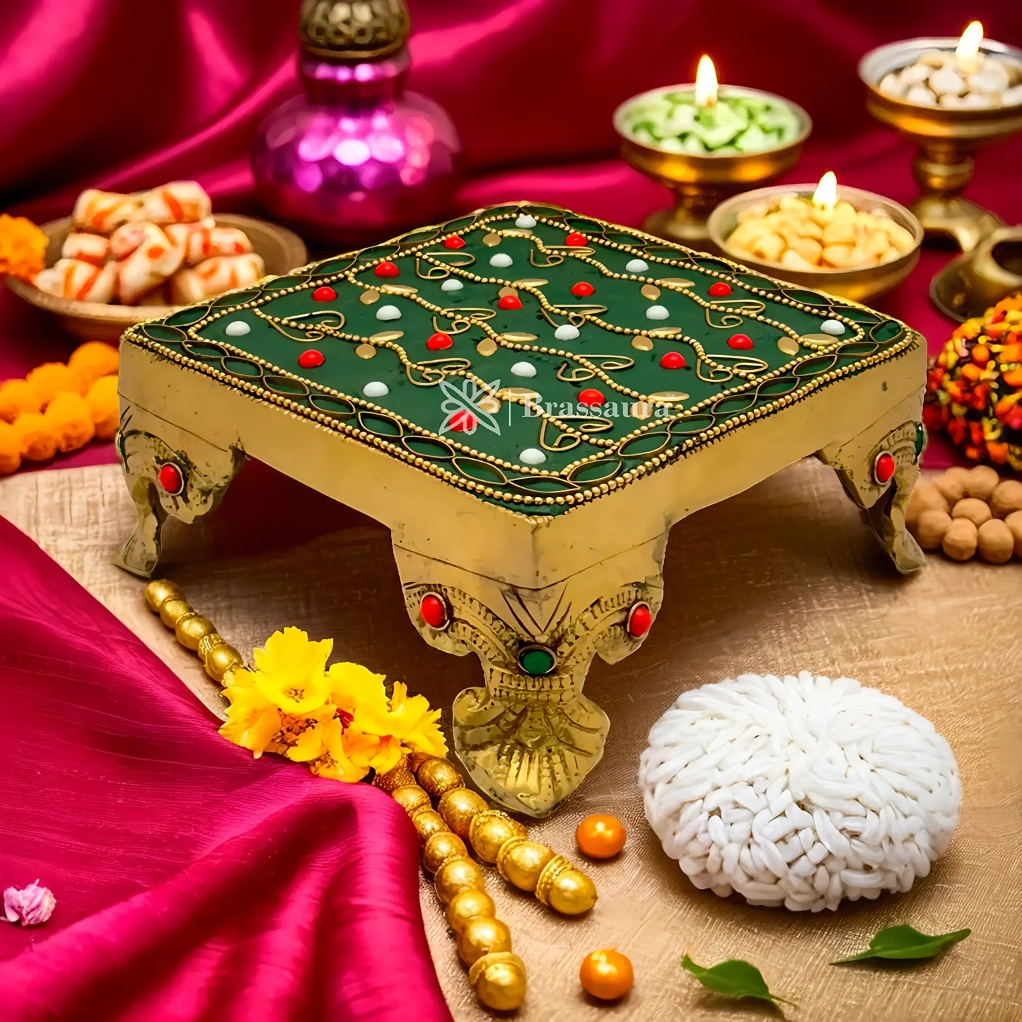 Brassaura™ Brass Gem Stone Work Chowki Idol – Height 2.4 Inches & Weight 1.1 Kgs | Home Temple & Spiritual Décor