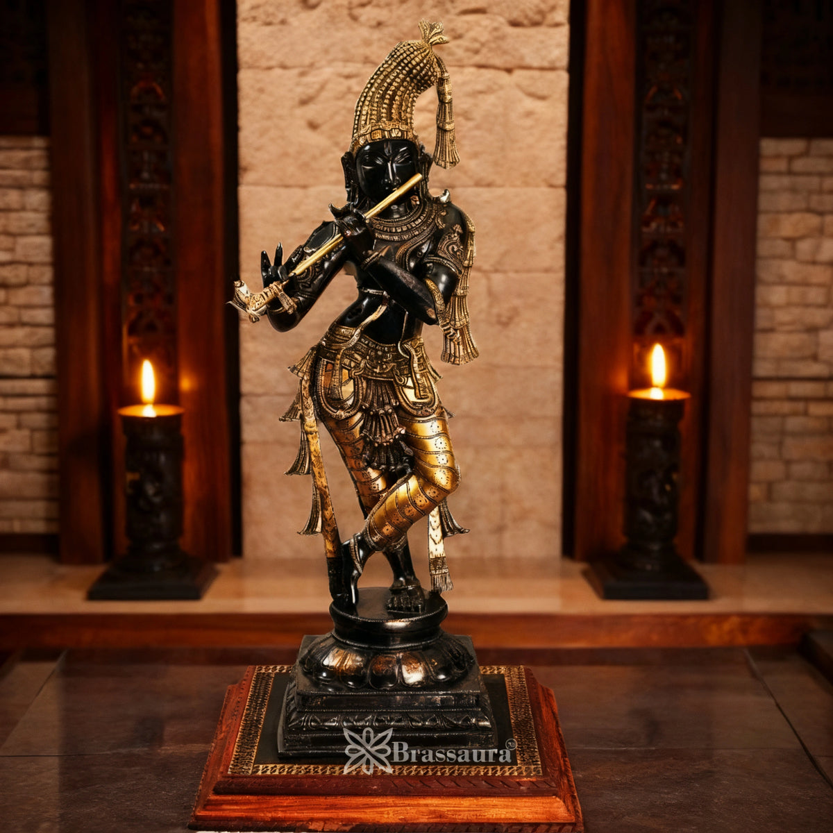 Brassaura® Golden & Charcoal Black Lord Krishna Playing Flute Brass Idol | Chola Inspired Handcrafted Brass Murti | Premium Krishna Statue for Home Temple, Pooja Room & Spiritual Décor | Height 36 Inches | Weight 23 Kg