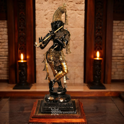 Brassaura® Golden & Charcoal Black Lord Krishna Playing Flute Brass Idol | Chola Inspired Handcrafted Brass Murti | Premium Krishna Statue for Home Temple, Pooja Room & Spiritual Décor | Height 36 Inches | Weight 23 Kg