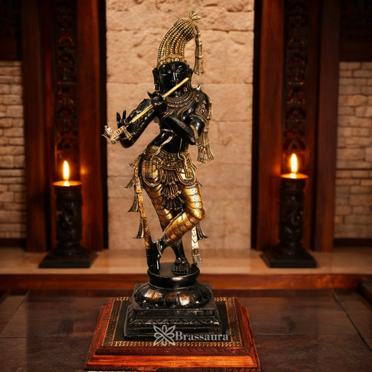 Brassaura® Golden & Charcoal Black Lord Krishna Playing Flute Brass Idol | Chola Inspired Handcrafted Brass Murti | Premium Krishna Statue for Home Temple, Pooja Room & Spiritual Décor | Height 36 Inches | Weight 23 Kg