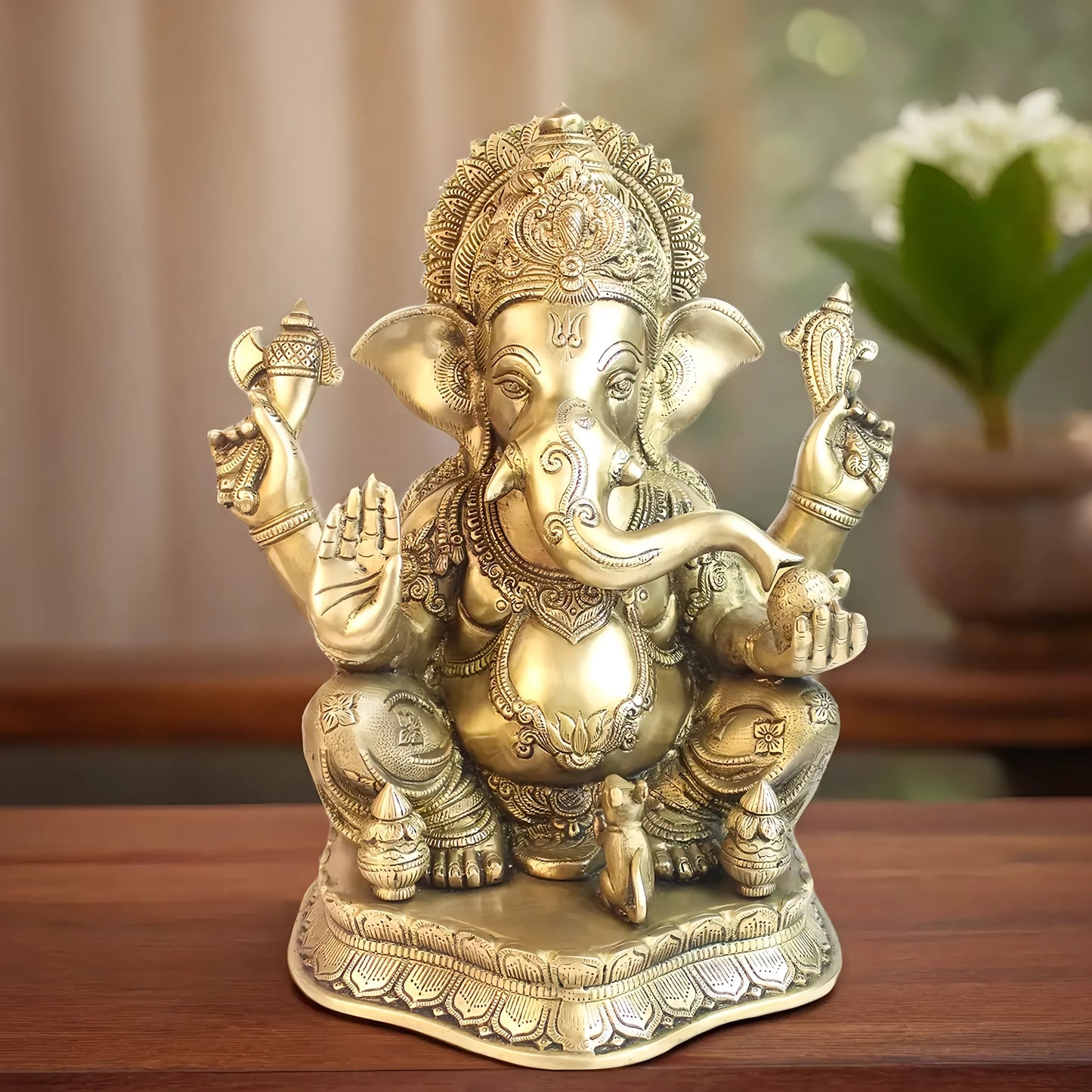 Brassaura™ Brass Big Ganesha Idol – Height 15.35 inches & Weight 14 kgs | Traditional Ganesha Murti for Home & Pooja Room