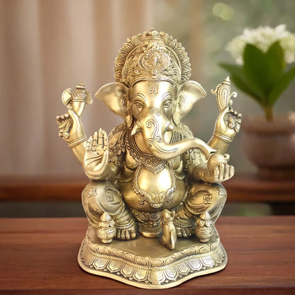 Brassaura™ Brass Big Ganesha Idol – Height 15.35 inches & Weight 14 kgs | Traditional Ganesha Murti for Home & Pooja Room