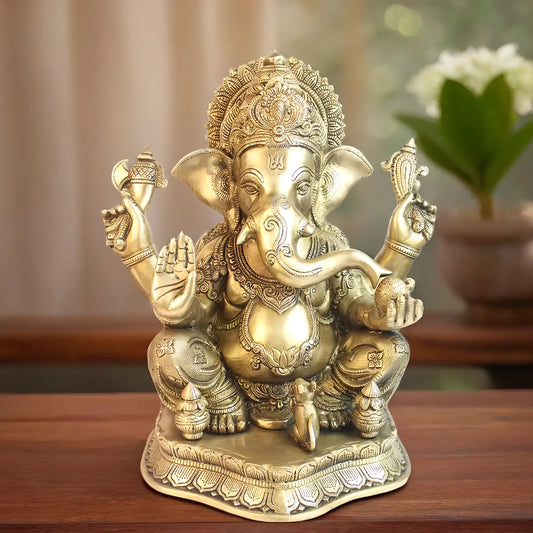 Brassaura™ Brass Big Ganesha Idol – Height 15.35 inches & Weight 14 kgs | Traditional Ganesha Murti for Home & Pooja Room