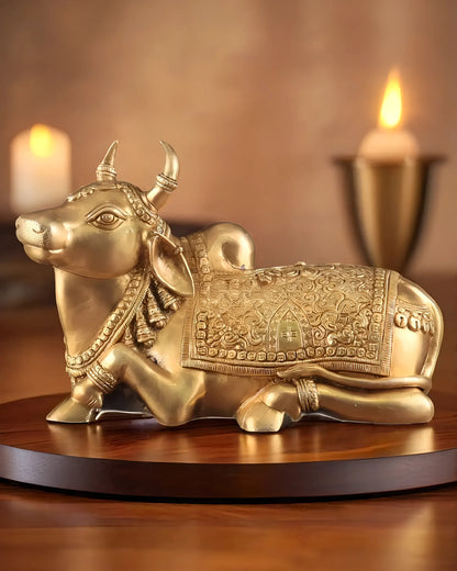Brassaura™ Pure Brass Superfine Nandi with Shiv Ling Carving – Height 10 Inches & Weight 10 Kgs | Divine Home & Temple Décor