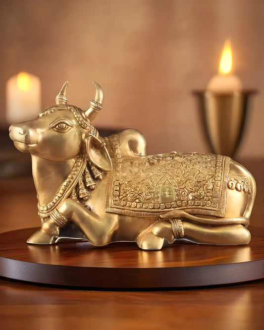 Brassaura™ Pure Brass Superfine Nandi with Shiv Ling Carving – Height 10 Inches & Weight 10 Kgs | Divine Home & Temple Décor