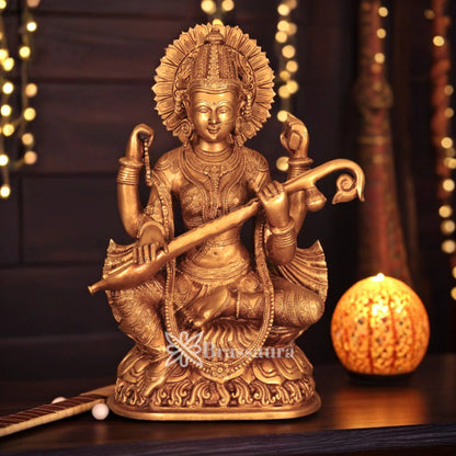 Brassaura™ Brass Saraswati Statue – Height 17 Inches & Weight 12.4 Kgs | Home Temple Décor