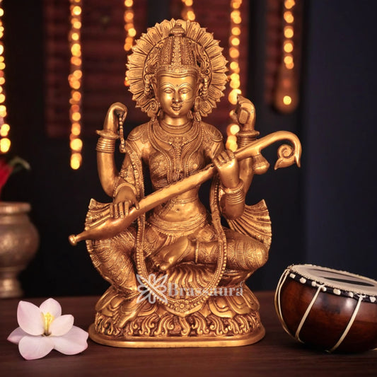 Brassaura™ Brass Saraswati Statue – Height 17 Inches & Weight 12.4 Kgs | Home Temple Décor