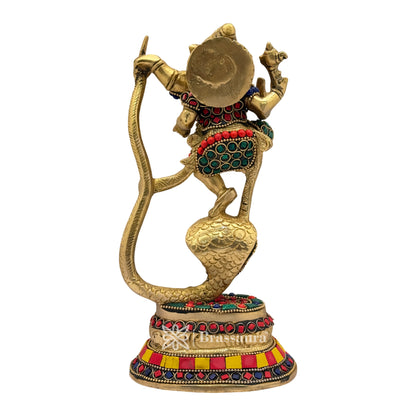 Brass Gem Stone Work Dancing Ganesha Idol for Home and Decor Weight 2 Kg Height 24 cm