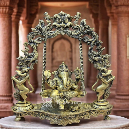 Brassaura™ Brass Big Ganesha Jhula Idol for Home and Decor | Weight 7 Kgs | Height 18 Inches