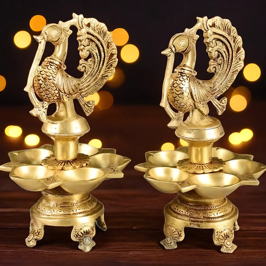 Brassaura™ Traditional Brass Peacock Oil Lamp with Carvings – Height 11 Inches | Single 3.8 Kgs / Pair 7.6 Kgs
